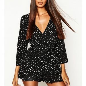 Boohoo polka dot wrap front play suit